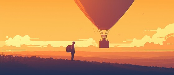 A hot air balloonist prepares for flight at dawn, the horizon a promise of breathtaking views, - obrazy, fototapety, plakaty