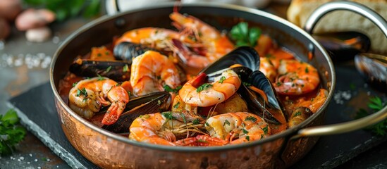 A traditional copper pan filled with succulent shrimp and plump mussels, resting on a wooden table. - obrazy, fototapety, plakaty