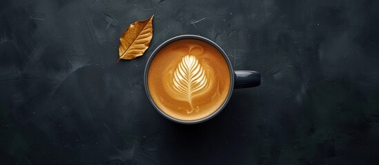 A cup of dark cappuccino coffee with a leaf resting on top of it.