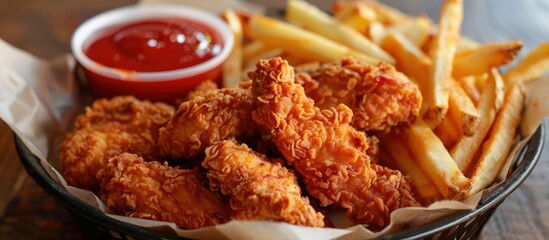 A basket filled with crispy fried chicken pieces and golden french fries accompanied by a side of ketchup.
