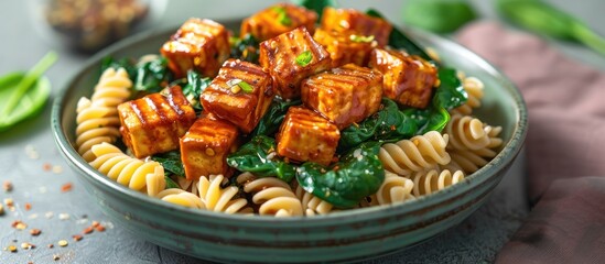 A bowl filled with vegan fusilli pasta topped with tofu cubes and fresh spinach leaves.