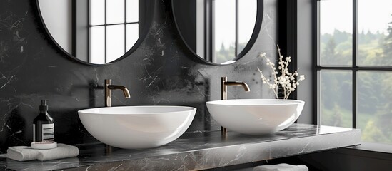 Two white bowls placed on top of a modern counter in a luxurious marble bathroom.