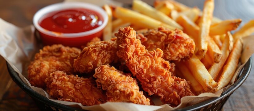 A basket filled with crispy fried chicken pieces and golden french fries accompanied by a side of ketchup.