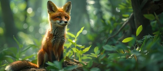 A red fox pup sitting calmly in the center of a dense forest, surrounded by trees and foliage. - obrazy, fototapety, plakaty