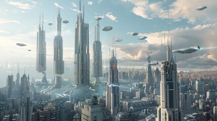 A futuristic cityscape stretching into the horizon, with sleek skyscrapers 