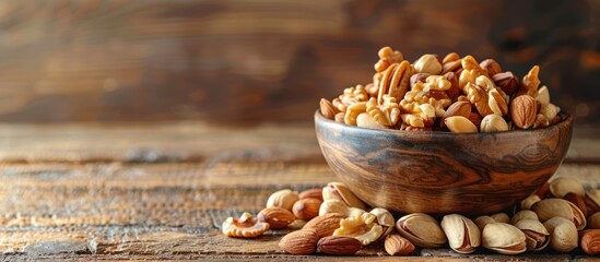 A wooden bowl overflowing with a variety of nuts, including almonds, placed on a wooden table. The nuts are neatly arranged and ready to be enjoyed.