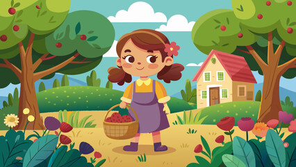 illustration-of-little-girl-with-basket-in-garden
