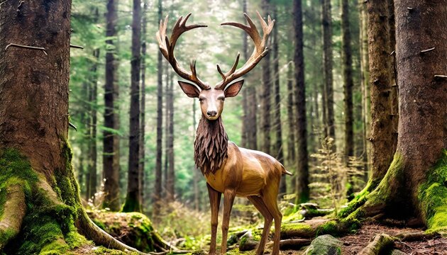 a wooden deer sculpture amidst a forest backdrop, evoking a sense of wonder and serenity