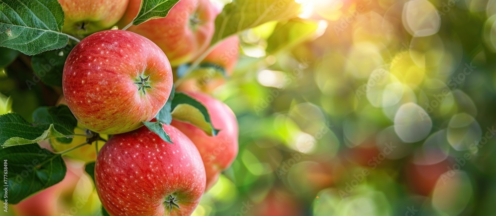 Poster several ripe red apples are hanging from a tree branch, ready to be picked.