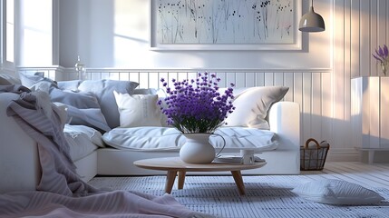 Scandinavian style living room with neutral palette and a subtle touch of lavender on the wall / AI-generated interior design attractive look