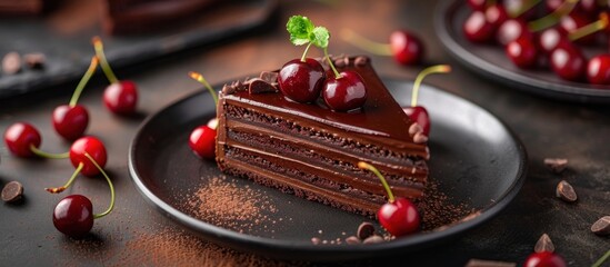 A piece of rich chocolate cake topped with luscious cherries on a plate. - obrazy, fototapety, plakaty