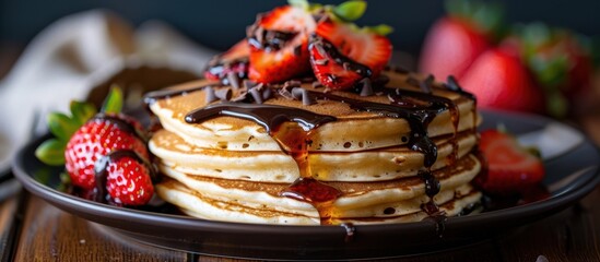 A stack of pancakes topped with rich chocolate syrup and fresh strawberries, ready to be enjoyed as a delicious breakfast or brunch.