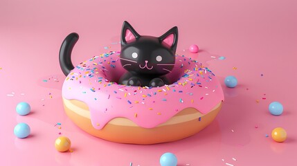 Kawaii Black Cat in Pink Donut with Sprinkles 3D Illustration