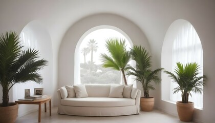 A cozy reading nook nestled beneath a curved stone arch, bathed in soft natural light filtering through sheer white curtains, with a stack of books and a potted palm plant nearby. - Powered by Adobe