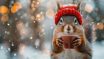  A cute squirrel wearing a red hat and holding a hot coffee cup in winter. Created with Ai - obrazy, fototapety, plakaty