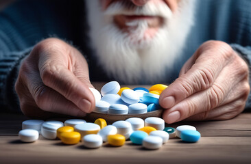 pills on the table in front of man senior