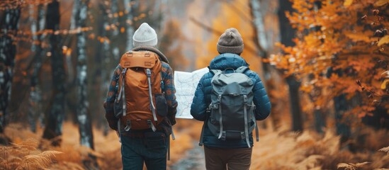 Two European tourists with backpacks hiking on a trail in a dense forest.