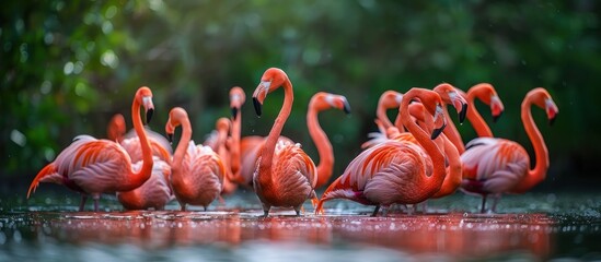 A flock of pink flamingos are elegantly standing in the shallow water of a lake.