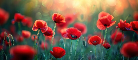 Fototapeta premium A cluster of red poppy flowers in full bloom, set against green grass.