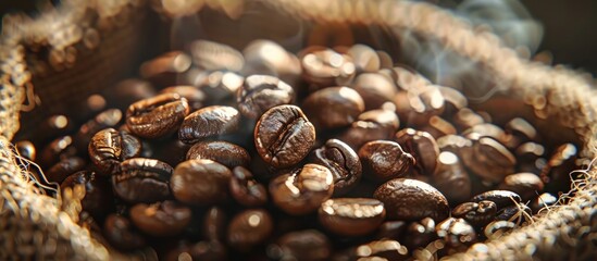 A bag of coffee beans releasing steam, indicating freshness. - obrazy, fototapety, plakaty