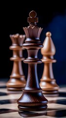 Close-up of chess pieces on a board with focus on the king in soft light