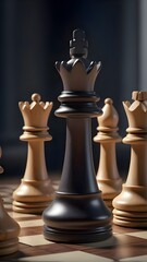 Close-up of chess pieces on a board with focus on the king in soft light