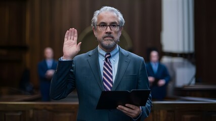 Taking an oath before testifying in court. Concept Courtroom protocol, Legal testimonies, Swearing an oath, Witness credibility - obrazy, fototapety, plakaty