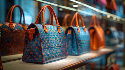 Trendy bags on display in a high-end retail setting - obrazy, fototapety, plakaty