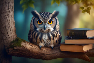 Smart owl reading a book in the forest on a branch to study education or school concept.