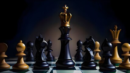 Close-up of chess pieces on a board with focus on the king in golden light