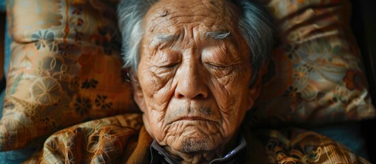 An elderly Asian man is seen resting in bed with his eyes shut.