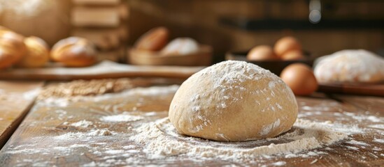 A ball of dough, possibly sourdough, resting on a wooden table surface.