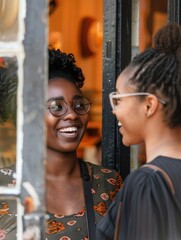 Happy African-American woman and her employee talking and laughing while standing at door of the store