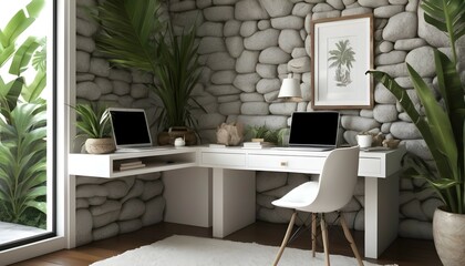 A cozy corner desk bathed in natural light, featuring a sleek white workspace adorned with Balinese-inspired decor accents, surrounded by smooth stone walls and lush tropical foliage.
