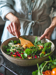 Woman mixing delicious superfood salad ingredients with wooden spoons in kitchen