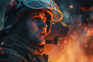 A powerful portrait capturing the determination and bravery of a firefighter, highlighting heroism and commitment in the face of danger