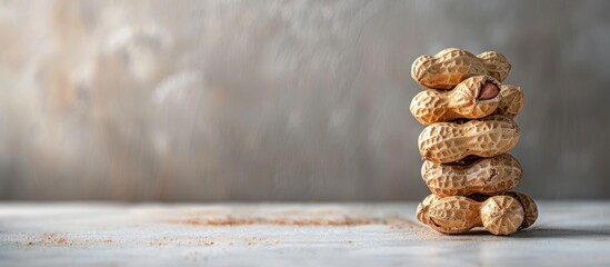 A stack of raw shelled peanuts neatly arranged on top of a table. - obrazy, fototapety, plakaty