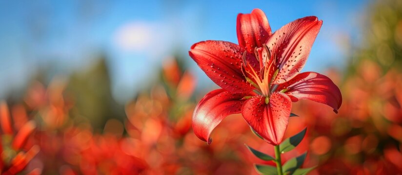 A vibrant red lily flower displaying delicate petals covered in glistening water droplets.