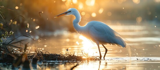 A large white heron stands on top of a body of water during sunrise, wading gracefully. - obrazy, fototapety, plakaty