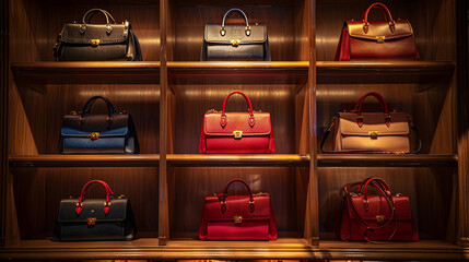 Designer handbags arranged on shelves in a luxury store - obrazy, fototapety, plakaty