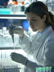 Young female scientist filling chemical through pipette while working in laboratory