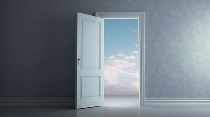 Opened door to bright future, a bright exit door in empty blue room, concept of break through, promising future,  copy space.
