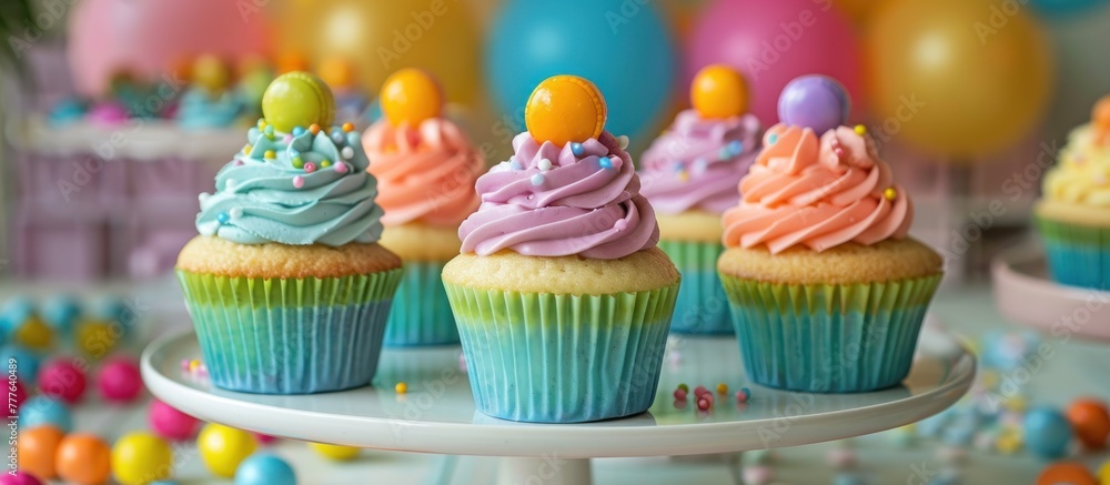 Poster cupcakes with vibrant frosting and decorations arranged neatly on a cake plate, creating an inviting