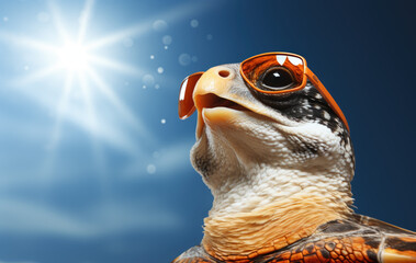 turtle in sunglasses against a clear blue sky