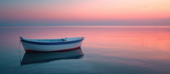 A small boat peacefully floats on top of the tranquil water. - obrazy, fototapety, plakaty