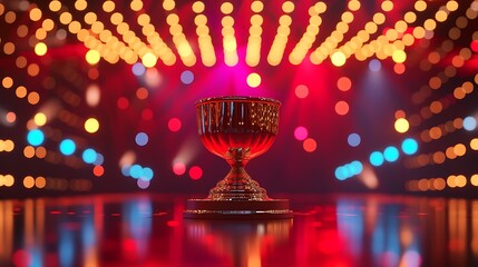 Use AI to design a captivating image featuring a red and gold trophy cup positioned on a stage, with mesmerizing blurred lights adding a touch of sophistication attractive look