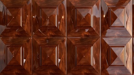 A luxurious wall texture featuring large, glossy, brown wooden tiles with diamond-shaped insets. The geometric design gives the wall a glamorous and modern aesthetic.