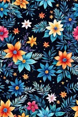 Vibrant flower painting set against dark backdrop. Bright colors of flowers pop out, creating visually appealing, captivating piece of artwork. For art, creative projects, fashion, style, magazines.