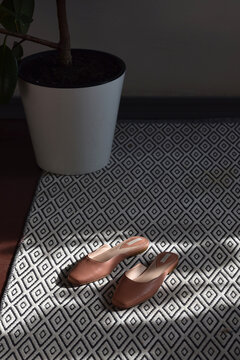 Leather mules on a rug