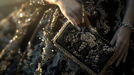 A glamorous evening gown adorned with intricate lace detailing and shimmering sequins, complemented by sparkling jewelry and a clutch purse, perfect for a red carpet event or gala soir?(C)e. - obrazy, fototapety, plakaty